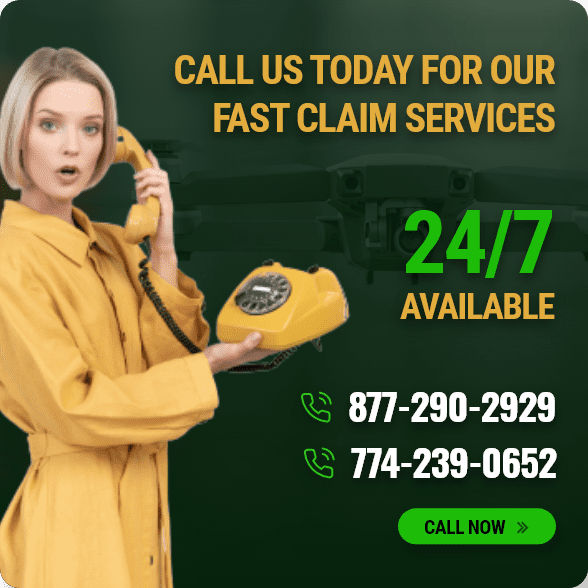 Woman holding yellow phone, 24/7 claims service