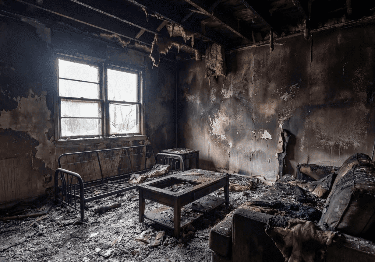 Burned-out room with charred furniture and walls.